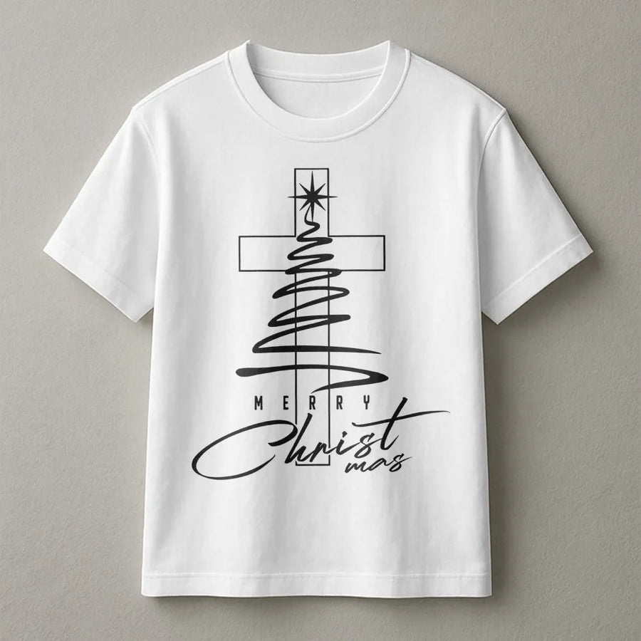 Religious Christmas T-Shirt | Minimalist Cross & Tree Design | Premium Soft Cotton | Faith-Based Christian Holiday Gift for Men and Women