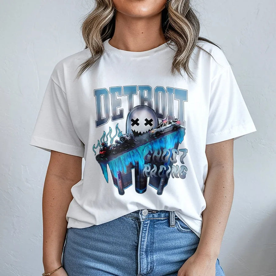 Detroit Ghost Racing T-Shirt | Edgy Streetwear Motorcycle Graphic | Premium Cotton Street Style | Gift For Biker Street Racing Enthusiast