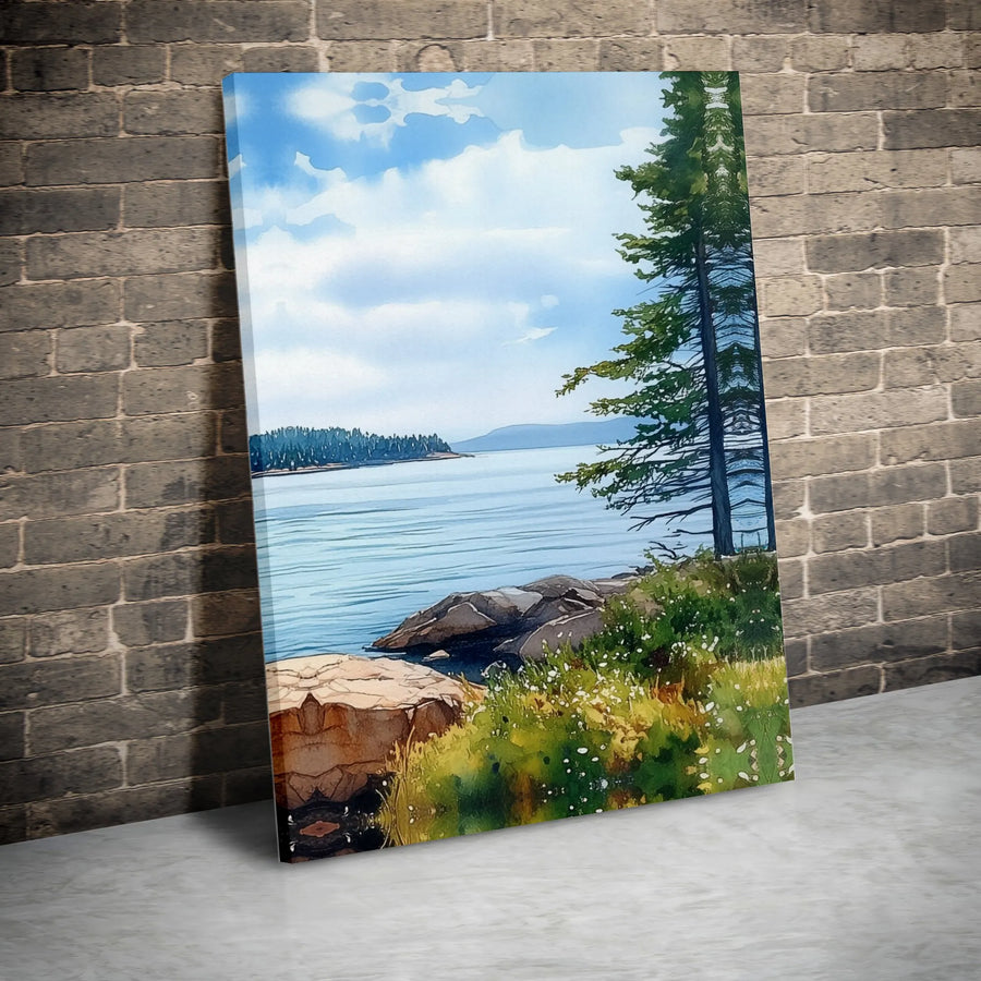 Coastal Landscape Wall Art | Watercolor Pine Tree & Rocky Shore | Premium Gallery-Wrapped Canvas | Nature-Inspired Home Decor Gift