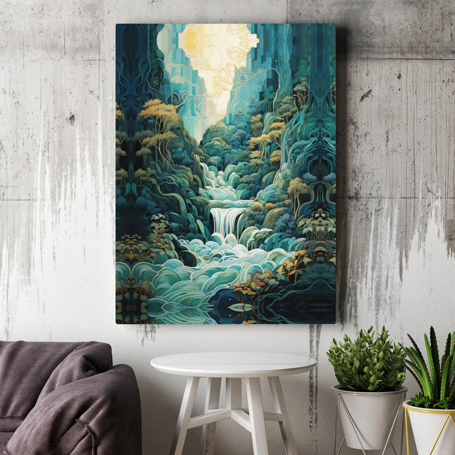 Waterfall Forest Canvas Wall Art | Surreal Botanical Landscape Print | Premium 1.25" Gallery Wrap | Nature-Inspired Home Decor