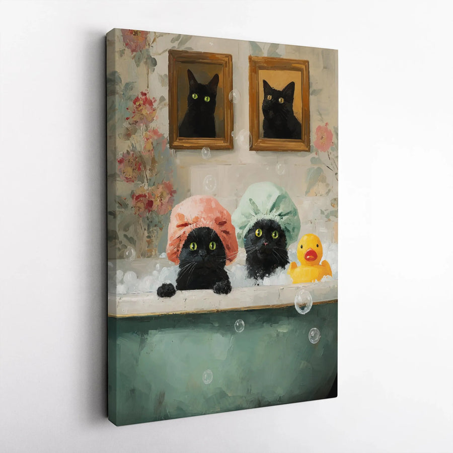 Black Cat Bathroom Wall Art | Funny Cats In Bathtub With Shower Caps Print | Premium Gallery Canvas | Whimsical Home Decor Gift