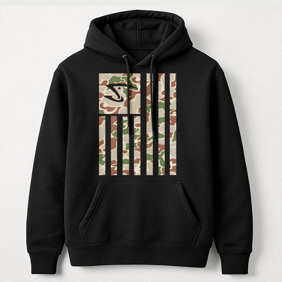 Camo Fishing Flag Hoodie | American Flag Camouflage Graphic Print | Cotton Blend Premium Fleece | Gift for Fisherman & Outdoorsmen