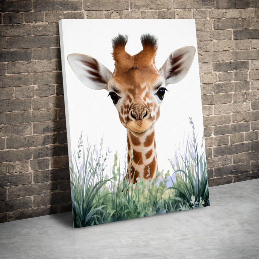 Baby Giraffe Canvas Wall Art | Peeking Wildflowers Watercolor Print | Premium Gallery Wrapped Decor | Nursery Gift for Safari Animal Lovers