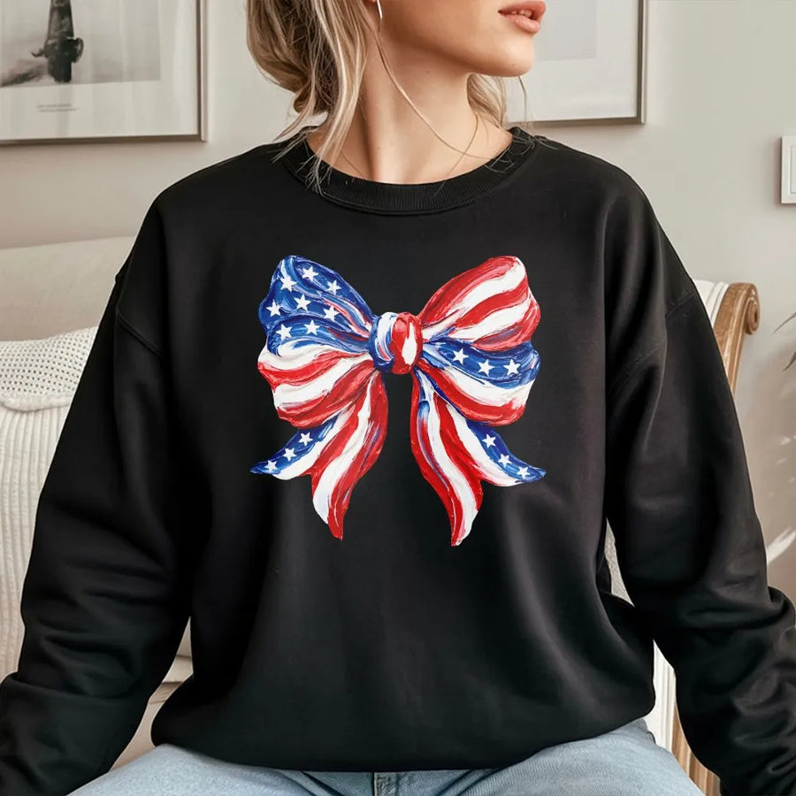 Patriotic Bow Sweatshirt | Coquette USA Flag Graphic | Soft Cotton Blend Crewneck | 4th of July Gift for Her