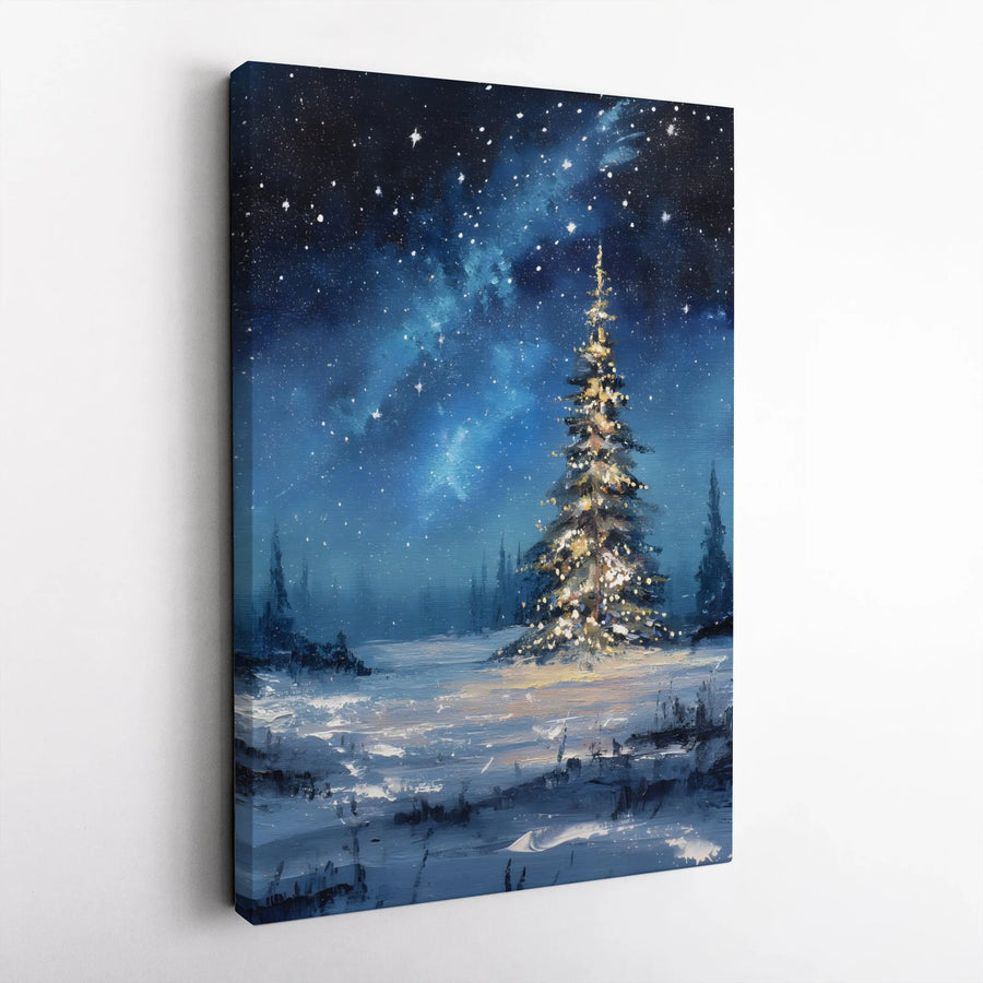 Christmas Tree Canvas Wall Art | Snowy Night Landscape Painting | Premium Gallery Wrap Print | Festive Holiday Home Decor Gift