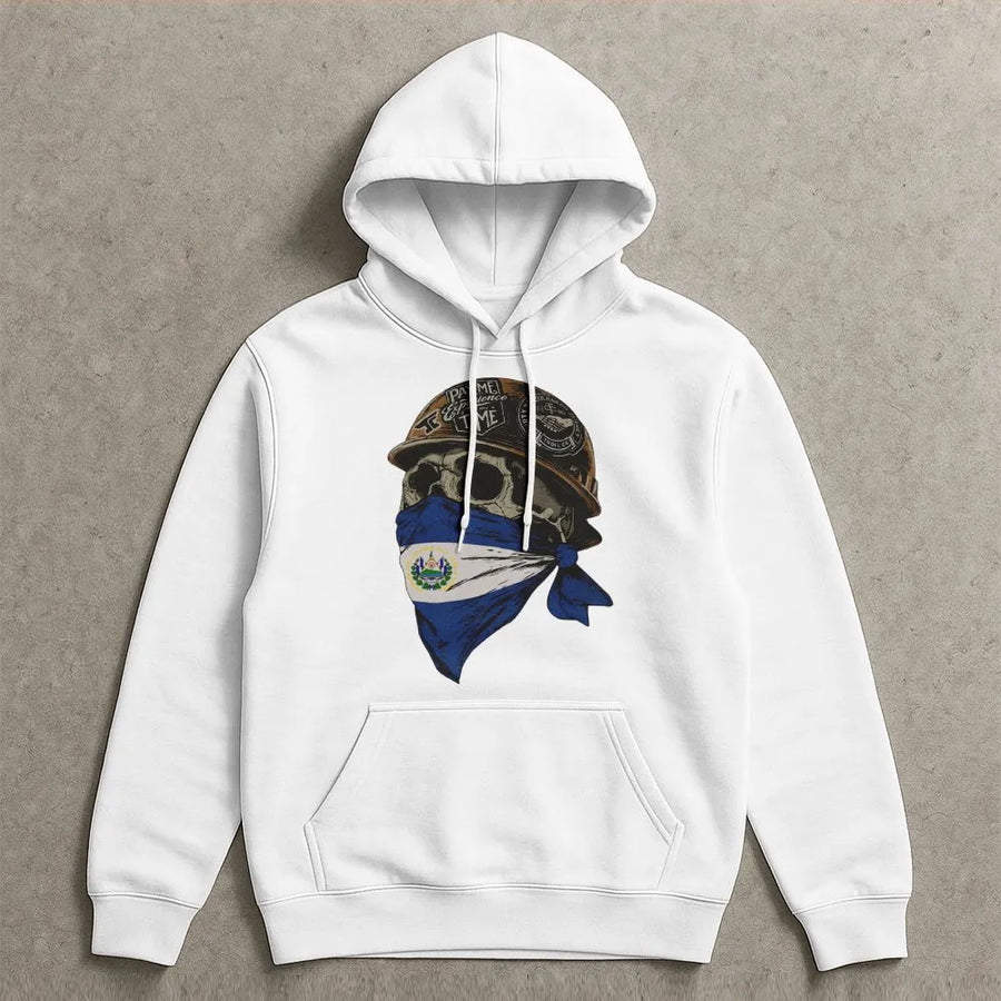 El Salvador Flag Hoodie | Skull Construction Worker Graphic | Premium Cotton Blend | Salvadoran Pride Gift for Men & Women