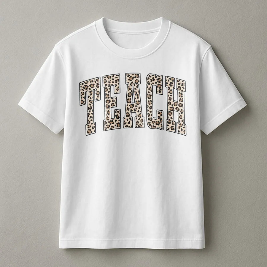 Leopard Teacher T-Shirt | Cheetah Print Varsity 'Teach' Design | Premium Soft Cotton | Appreciation Gift for Educators