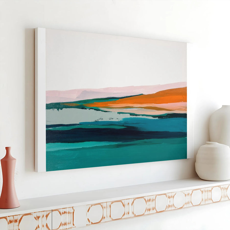 Abstract Landscape Canvas Wall Art | Teal and Orange Coastal Painting | Premium Gallery Wrapped Canvas | Modern Living Room Decor Gift