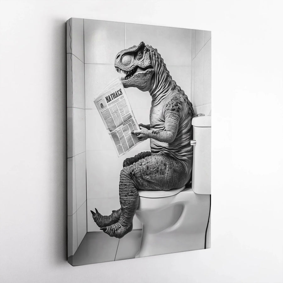 Funny T-Rex Toilet Poster | Dinosaur Reading Newspaper Wall Art | Premium Gallery Wrapped Canvas | Bathroom Decor Gift for Dino Lovers