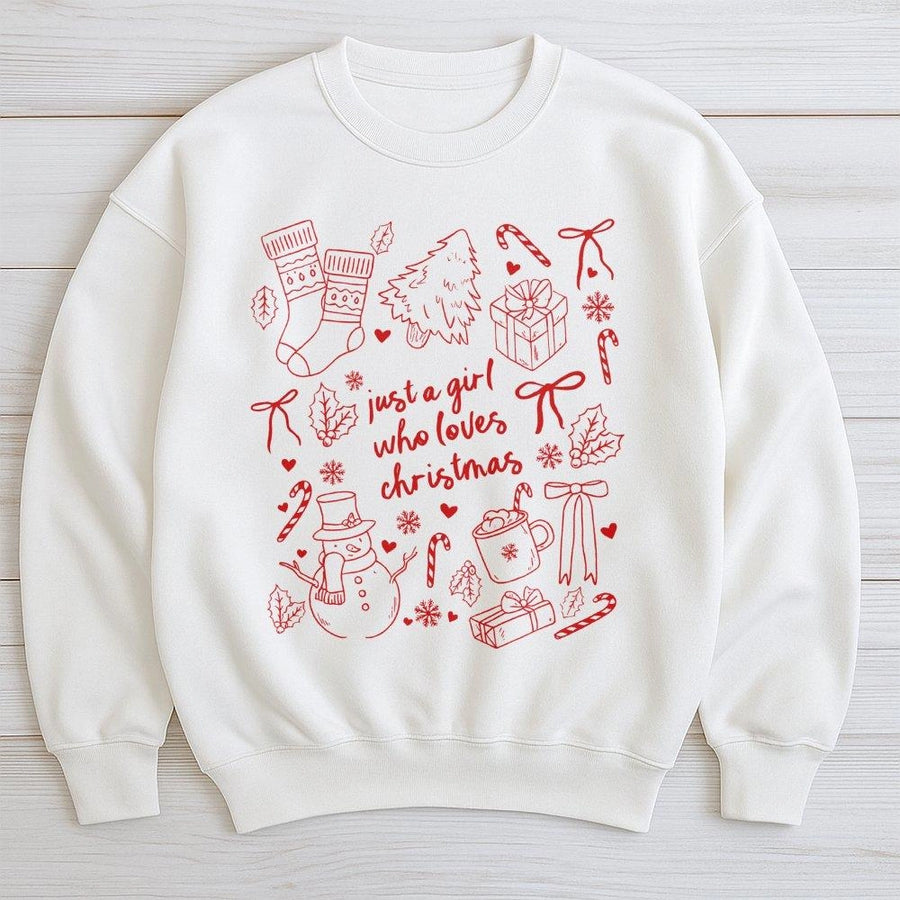 Christmas Sweatshirt | Just A Girl Who Loves Christmas Graphic | Cozy Cotton Blend Holiday Apparel | Gift For Women & Christmas Party Outfit