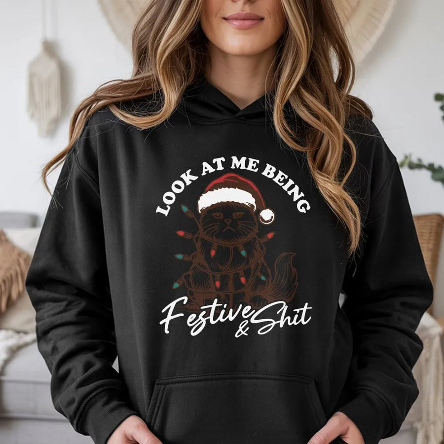 Funny Cat Christmas Hoodie | Festive Grumpy Kitty Graphic | Soft Cotton-Blend Premium Apparel | Sarcastic Holiday Gift for Cat Lovers