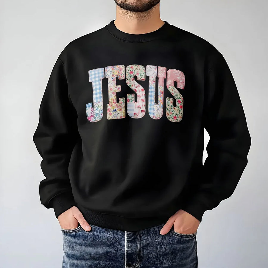 Jesus Sweatshirt | Floral Gingham Patchwork Letters | Premium Soft Cotton | Christian Faith Gift for Women