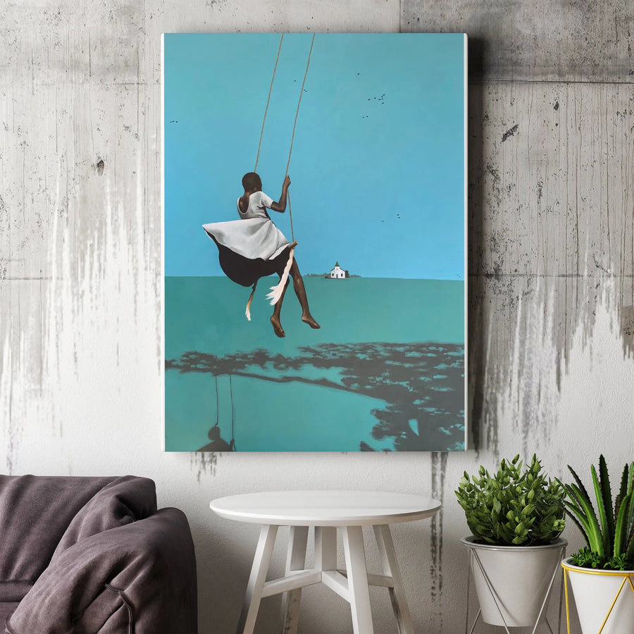 Woman on Swing Surrealist Canvas Art | Minimalist Black Art Print | Premium Gallery Wrapped Canvas | Inspirational Modern Home Decor Gift