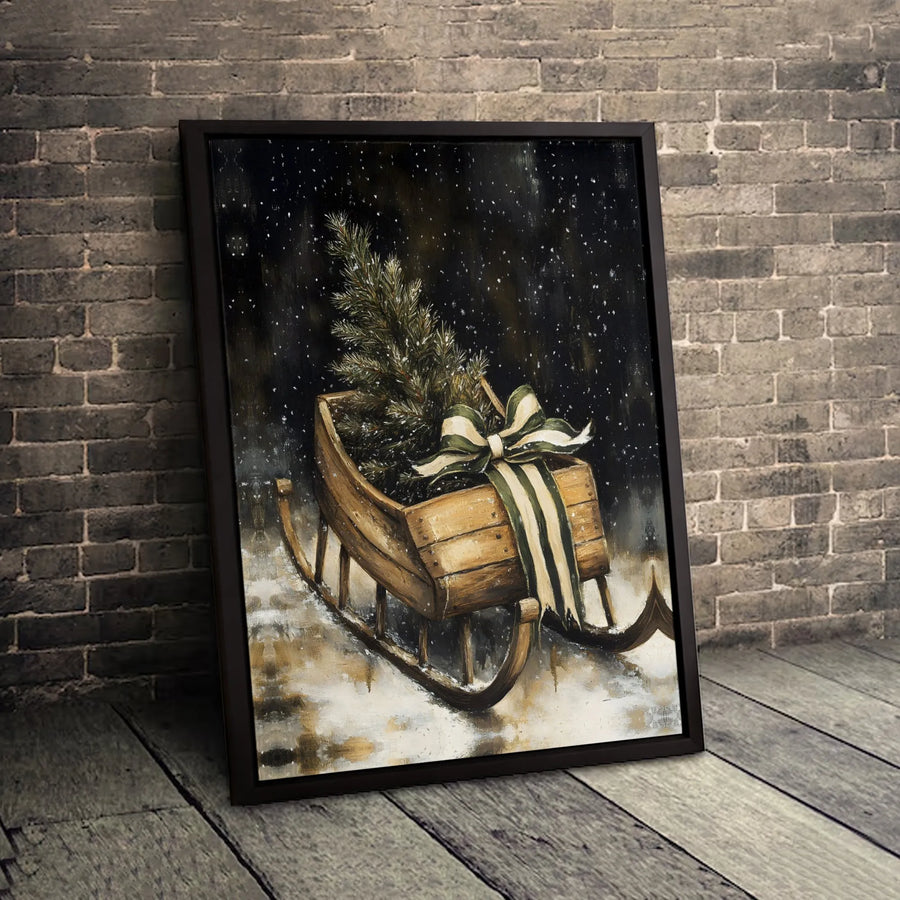 Rustic Christmas Sleigh Canvas Print | Vintage Wood Sled With Pine Tree Art | Premium Fade-Resistant Holiday Wall Decor | Festive Farmhouse Gift