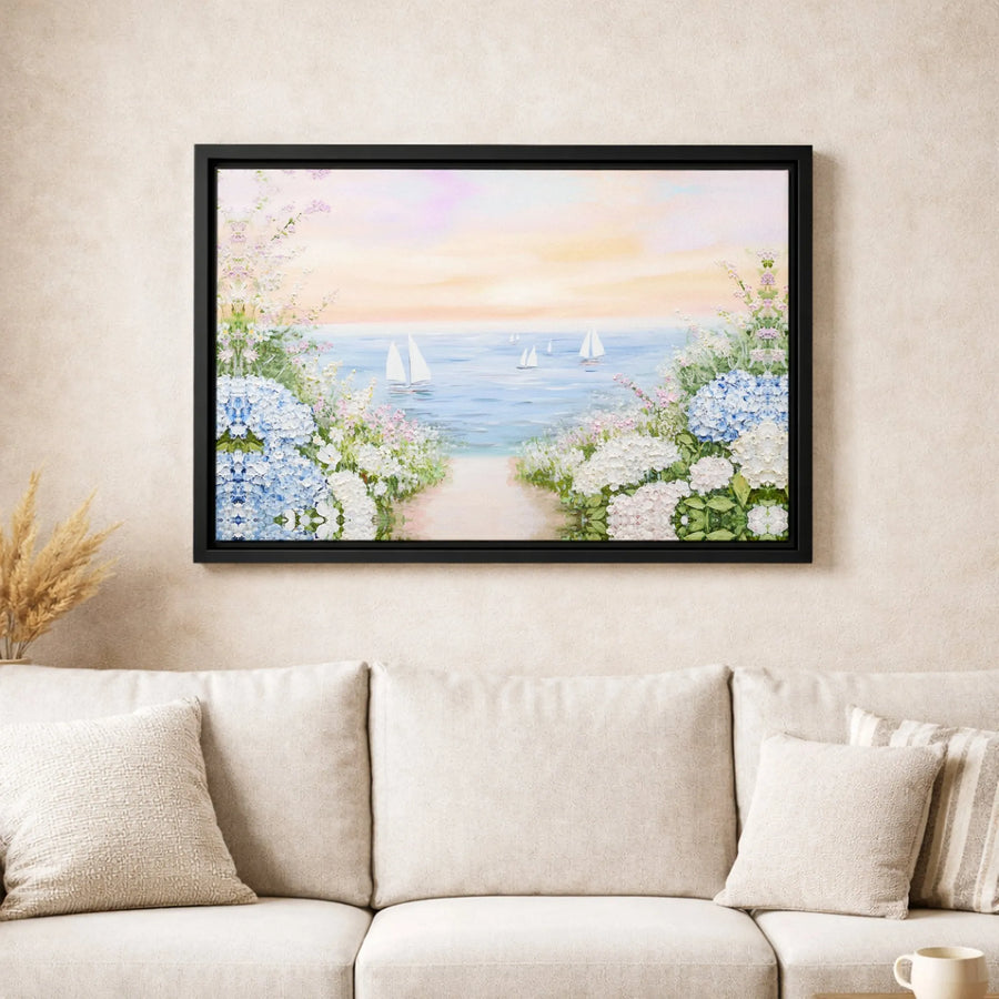 Coastal Seascape Canvas Art | Sailboats and Hydrangea Flowers | Premium Fade-Resistant Gallery Wrap | Elegant Home Decor Wall Print