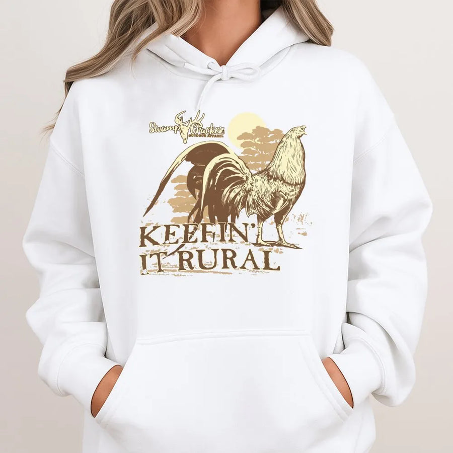 Rural Rooster Hoodie | Vintage 'Keepin' It Rural' Graphic Pullover | Soft Cotton Blend Crewneck | Country Gift for Farmer & Outdoorsman
