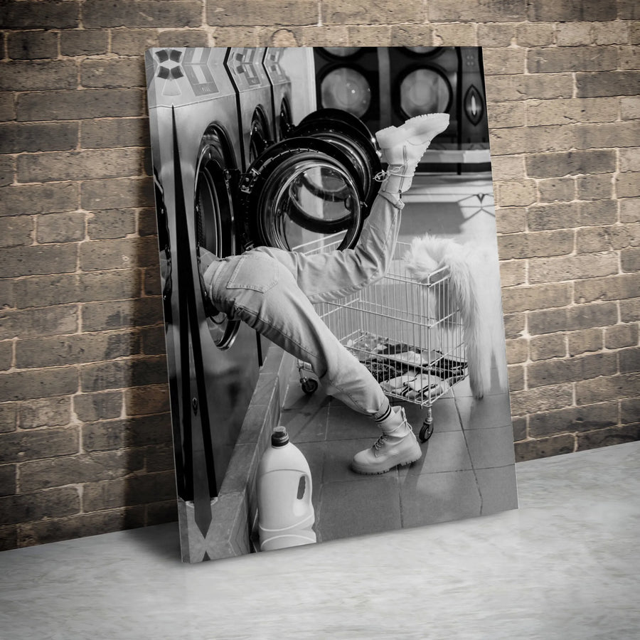 Funny Laundromat Canvas Print | Surreal Black and White Photography | Premium Gallery Wrapped Wall Art | Unique Modern Apartment Decor Gift
