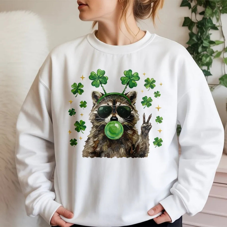Lucky Raccoon Sweatshirt | Peace Sign Shamrock Bubblegum Graphic | Premium Cotton Blend | St. Patricks Day Gift for Men and Women