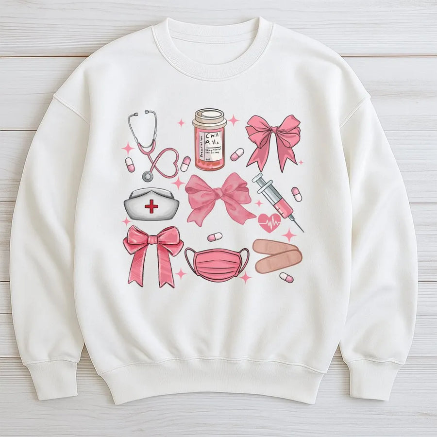 Coquette Nurse Sweatshirt | Pink Bow Medical Aesthetic Print | Premium Cotton Blend Crewneck | Cute Nursing School Graduation Gift for Her
