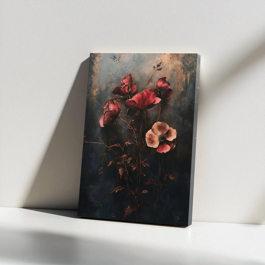 Dark Floral Canvas Print | Moody Red Poppy Botanical Illustration | Premium Gallery Wrapped Canvas | Vintage Farmhouse Wall Decor Gift