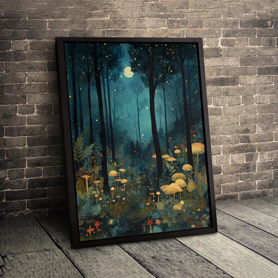 Enchanted Mushroom Forest Canvas | Whimsical Night Forest Art with Fireflies | Premium 1.25" Gallery Wrap | Nature Wall Decor Gift
