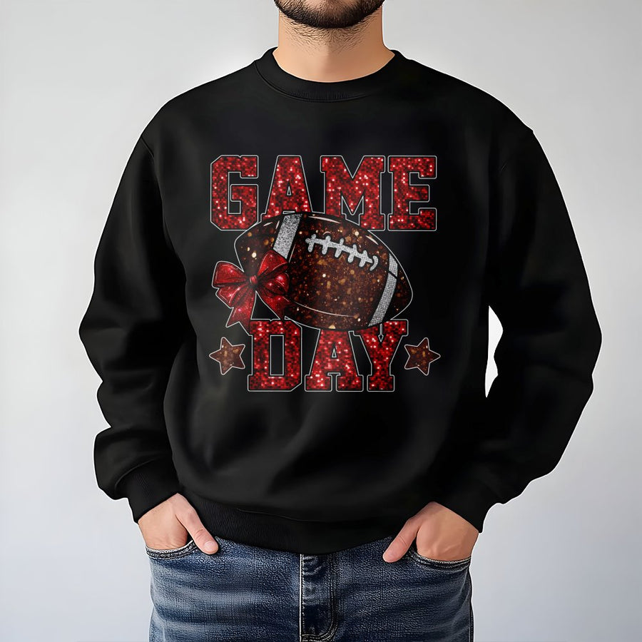 Game Day Football Sweatshirt | Red Glitter Bow Graphic | Premium Cotton Blend | Unisex Sports Apparel Gift for Fans