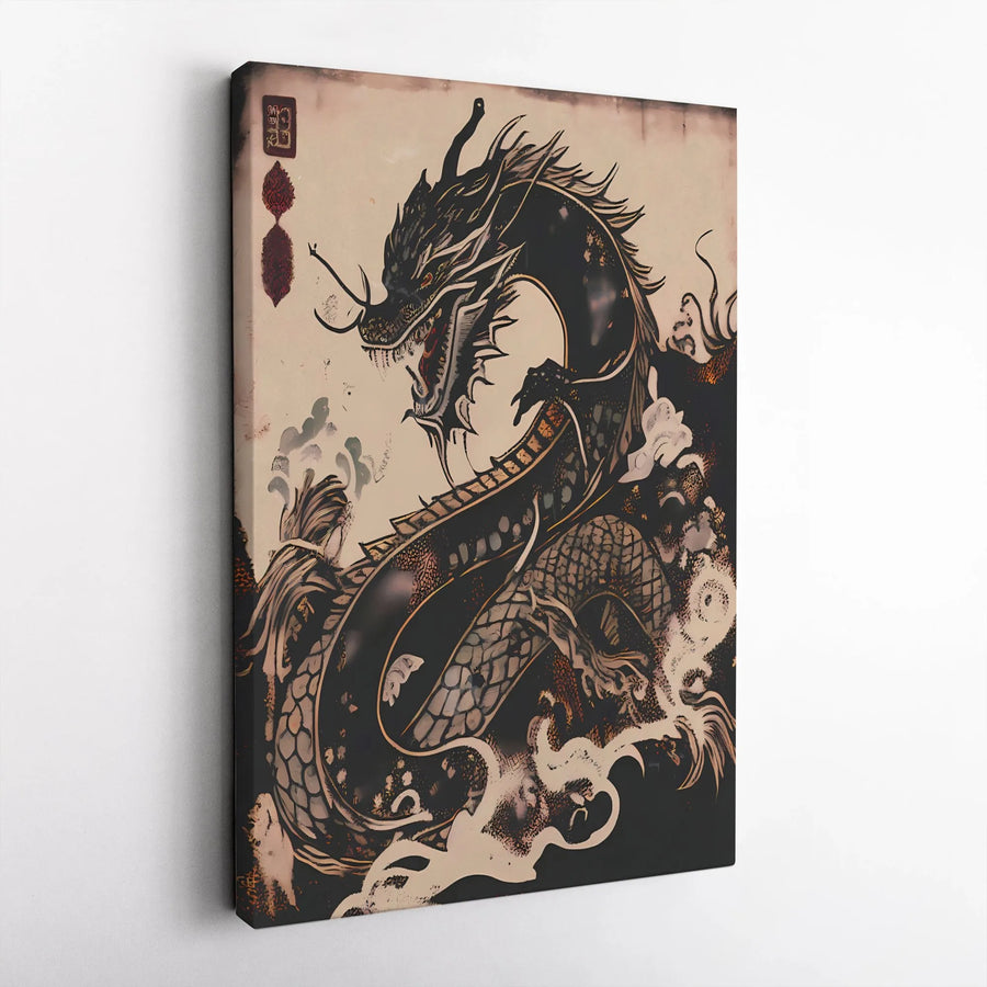 Japanese Dragon Wall Art | Traditional Black Dragon Illustration | Gallery Quality Framed Canvas | Mythical Asian Decor for Living Room Gift