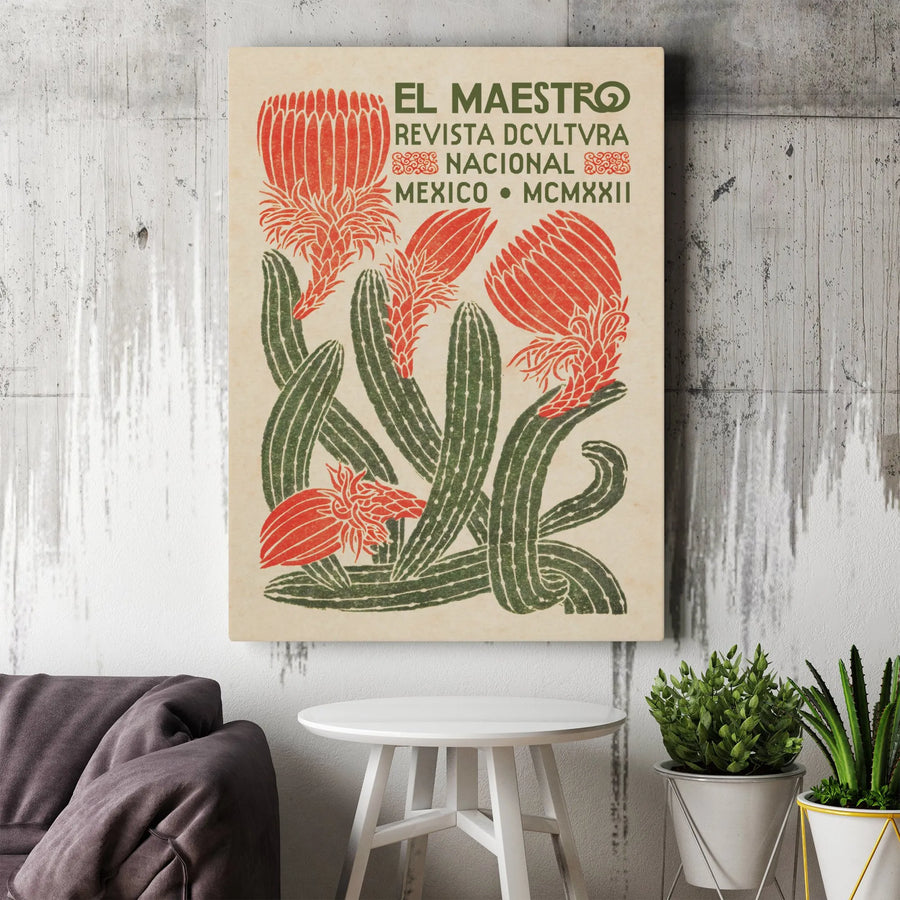Mexican Cactus Wall Art | Vintage Botanical Blooming Succulent Print | 1.25 Inch Gallery Wrap Canvas | Premium Home Decor Gift