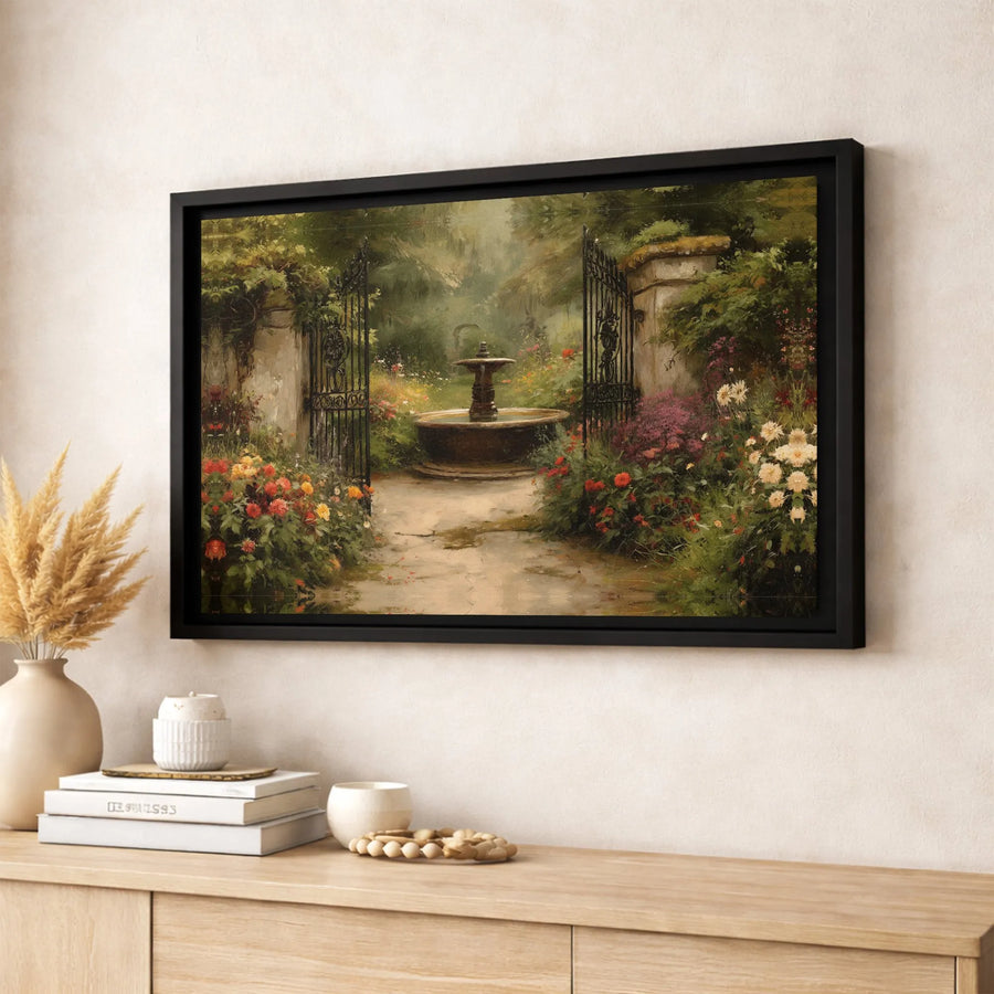 Secret Garden Wall Art | Vintage Oil Painting Fountain Scene | Premium Gallery Wrap Canvas | Romantic Home Decor Gift for Nature Lovers