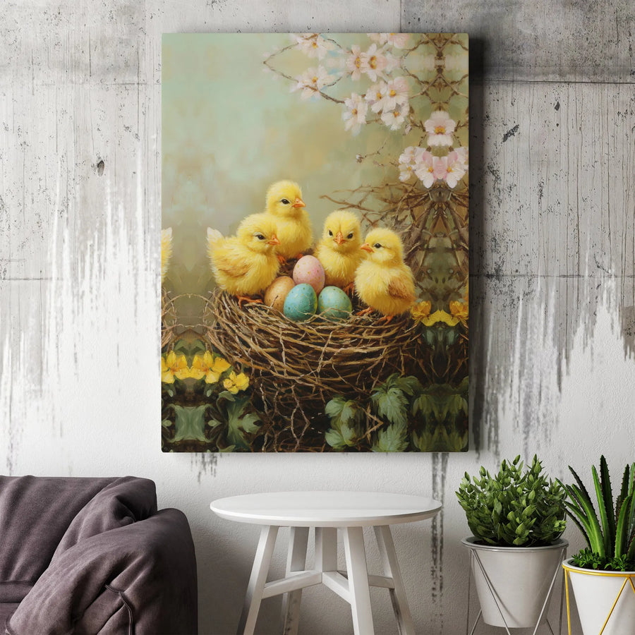 Easter Chicks Canvas Wall Art | Vintage Painting of Baby Birds in Nest | Premium Gallery Wrapped Print | Farmhouse Spring Home Decor Gift