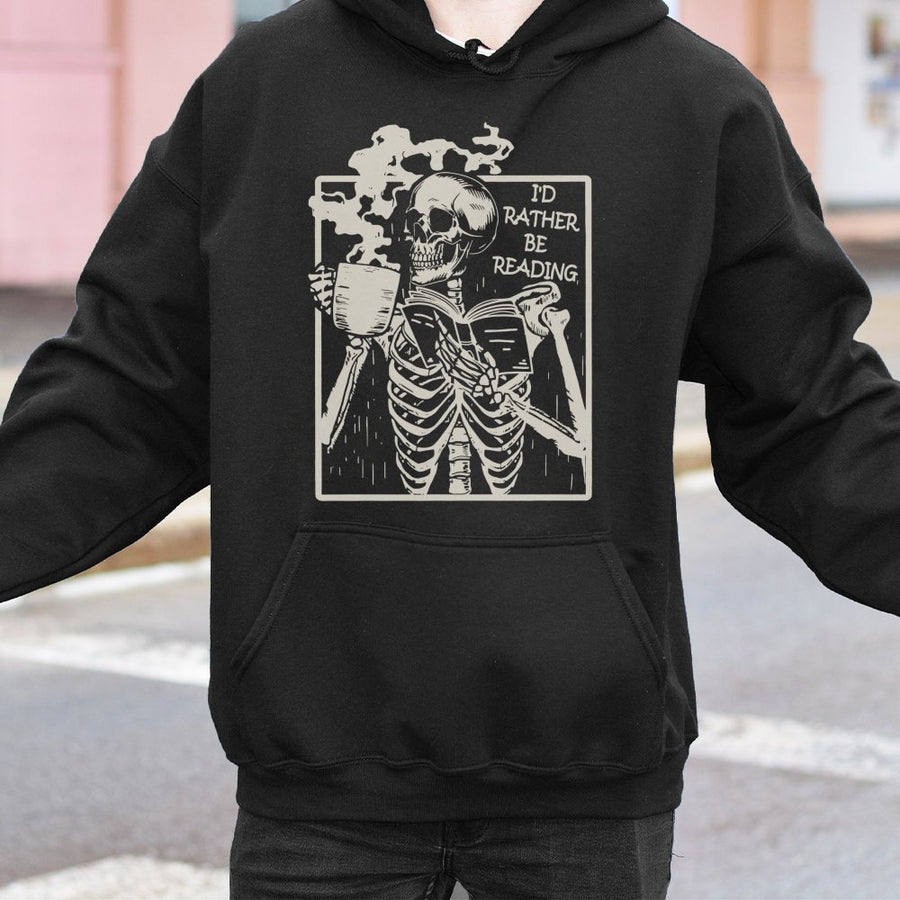 I'd Rather Be Reading Hoodie | Skeleton Book Lover Graphic | Premium Cotton Blend Unisex Sweatshirt | Gift for Readers Bookworm Apparel