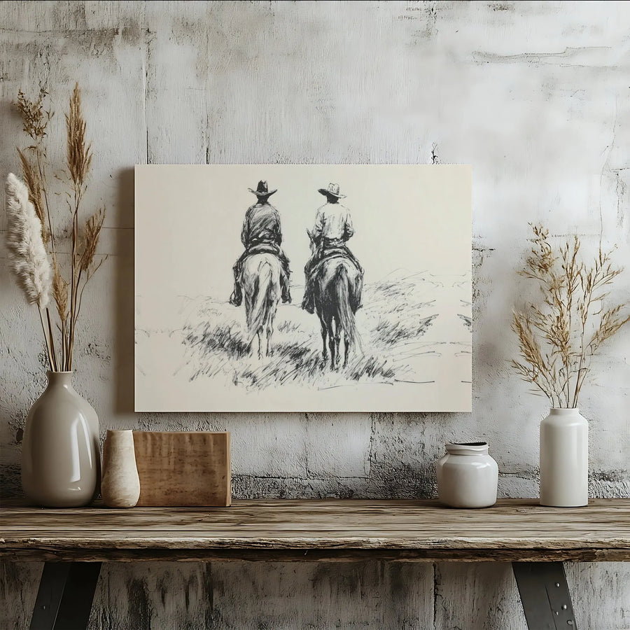 Western Cowboy Wall Art | Two Cowboys Riding Horses Sketch Print | Premium Gallery Wrapped Canvas | Rustic Home Decor Gift for Him