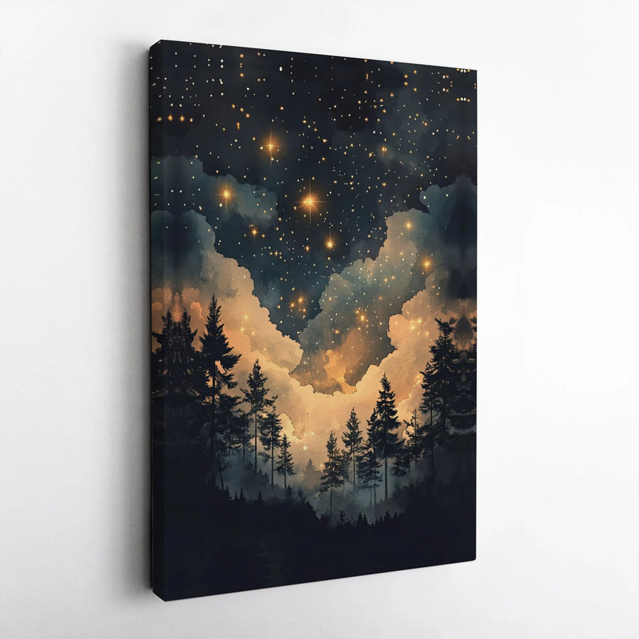 Night Sky Forest Canvas Wall Art | Celestial Gold Clouds And Stars Print | Premium Gallery Wrapped Decor | Nature Lover Gift For Home Office