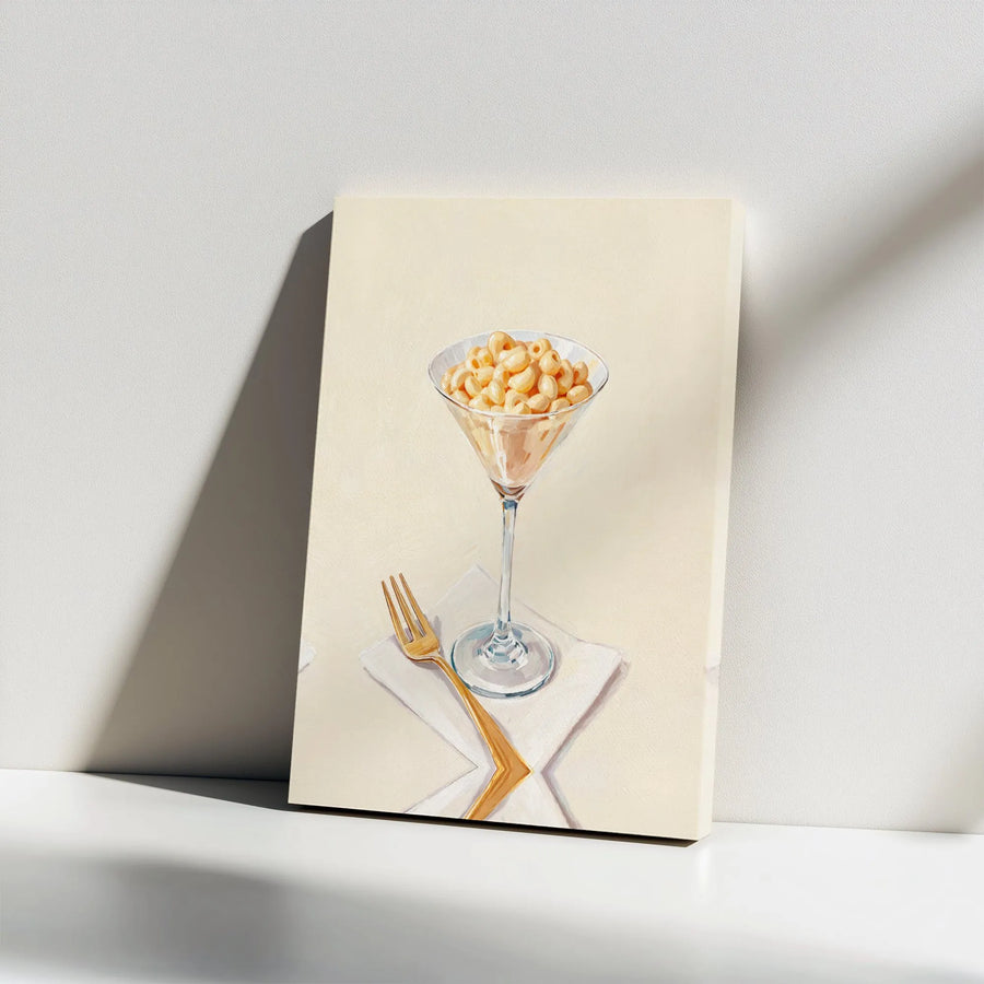 Macaroni And Cheese Martini Glass Canvas Wall Art | Surreal Foodie Still Life Painting | Premium Gallery Wrapped Decor | Unique Kitchen Dining Room Gift