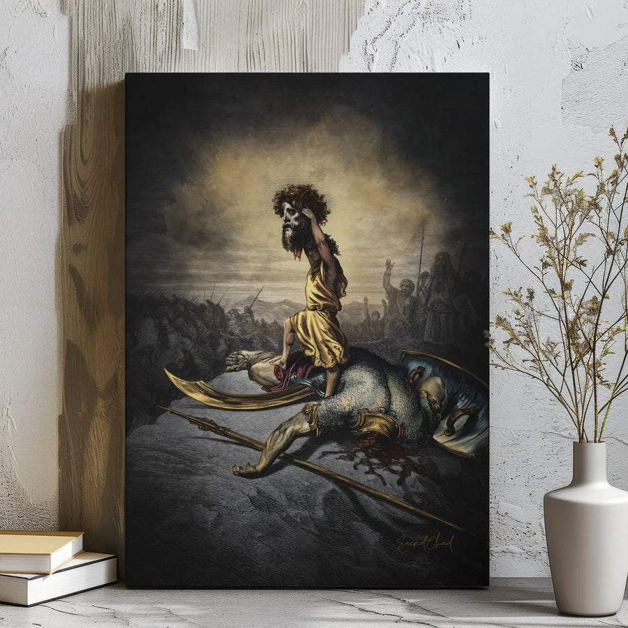 David and Goliath Canvas Wall Art | Dramatic Biblical Illustration | Premium Gallery Wrap Print | Religious Gift for Home Office Decor