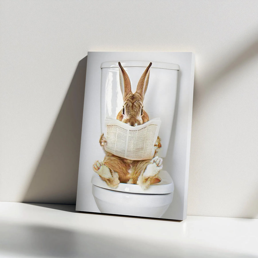 Rabbit Toilet Reading Newspaper Canvas | Funny Animal Bathroom Wall Art | Gallery Wrapped Premium Decor | Whimsical Home Decor Gift