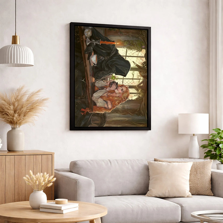 Fantasy Romance Canvas Wall Art | Hooded Figure and Red-Haired Woman Illustration | Premium Gallery Wrapped | Dark Academia Home Decor Gift