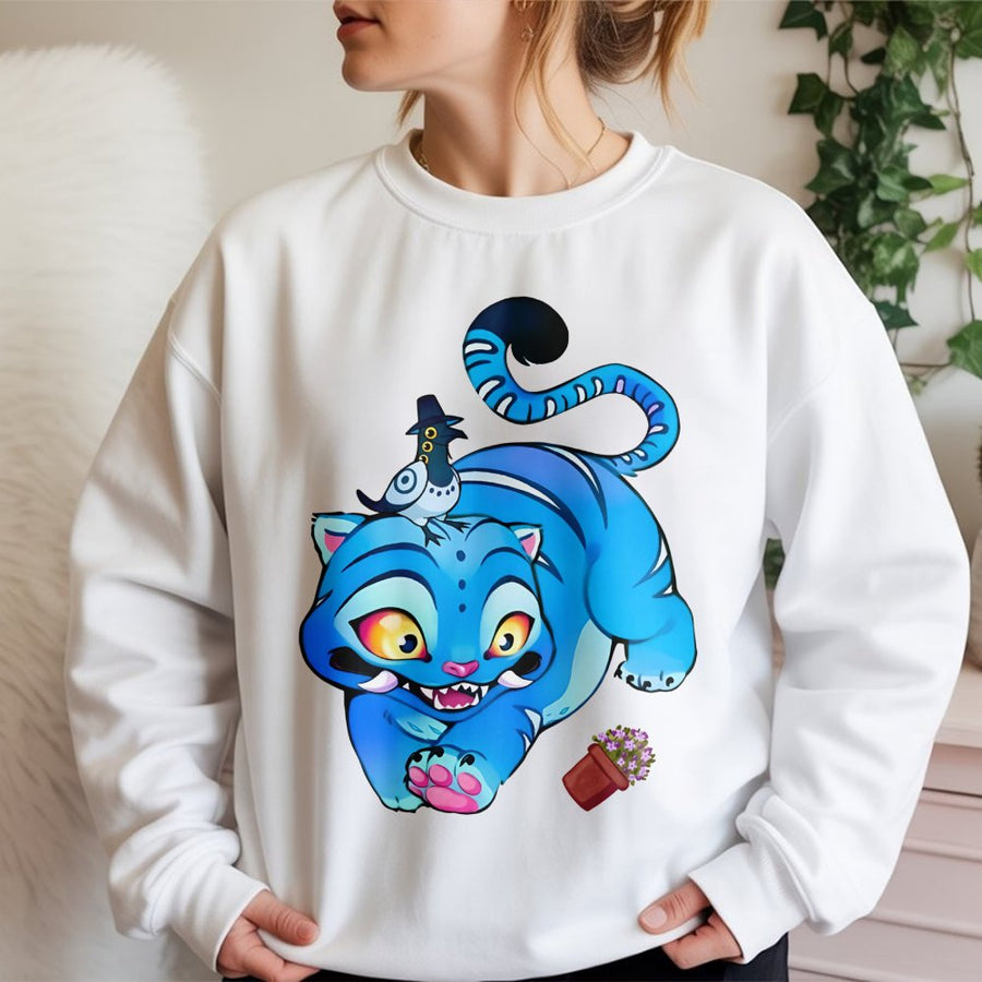 Cute Blue Tiger Graphic Sweatshirt | Kawaii Cartoon Animal Art Design | Premium Cotton Blend | Gift For Animal Lovers And Anime Fans