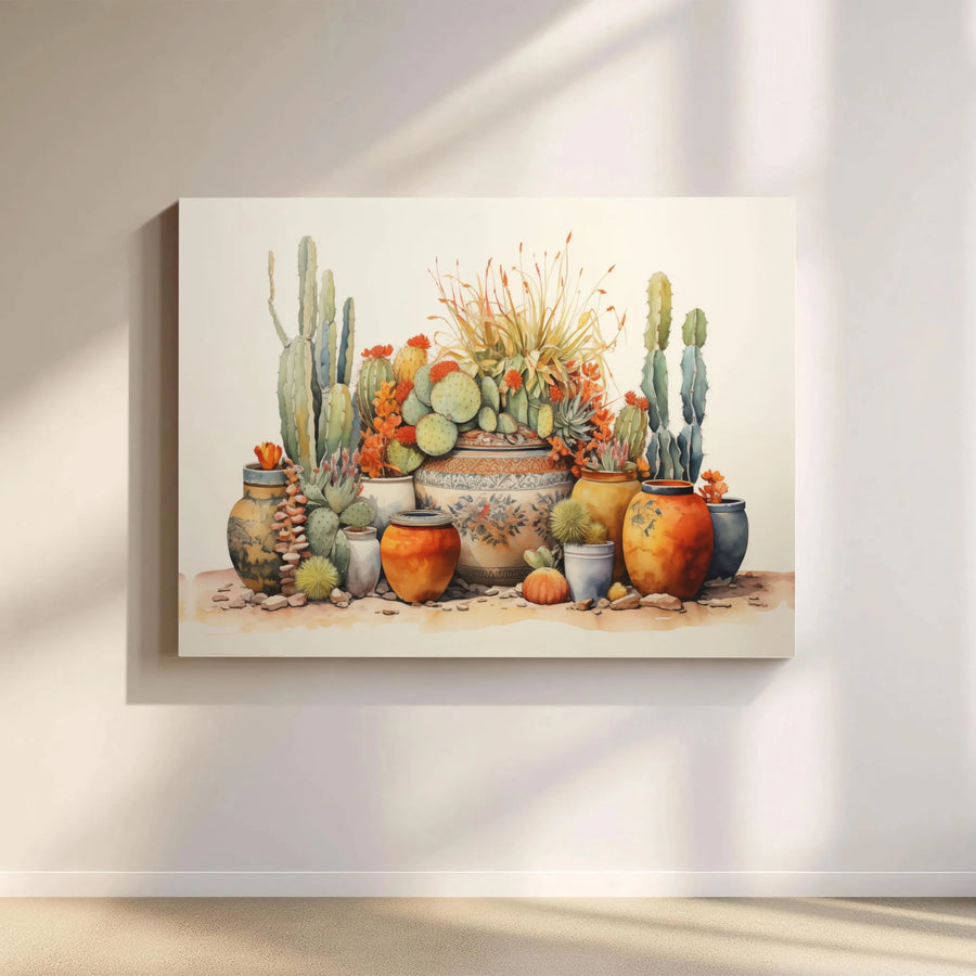 Watercolor Cactus Canvas Art | Southwestern Succulent Still Life | Premium Framed Wall Decor | Bohemian Living Room Gift