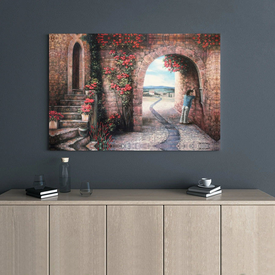 Tuscan Courtyard Canvas Print | Mediterranean Stone Archway Wall Art | Gallery Wrap Premium Home Decor | Romantic Landscape Painting for Living Room
