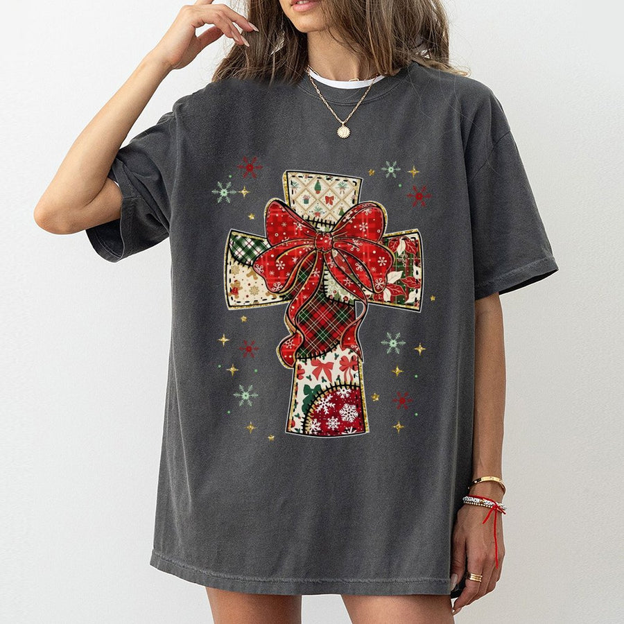 Patchwork Christmas Cross T-Shirt | Festive Religious Holiday Graphic | 100% Soft Cotton Premium Quality | Christian Gift For Women And Men