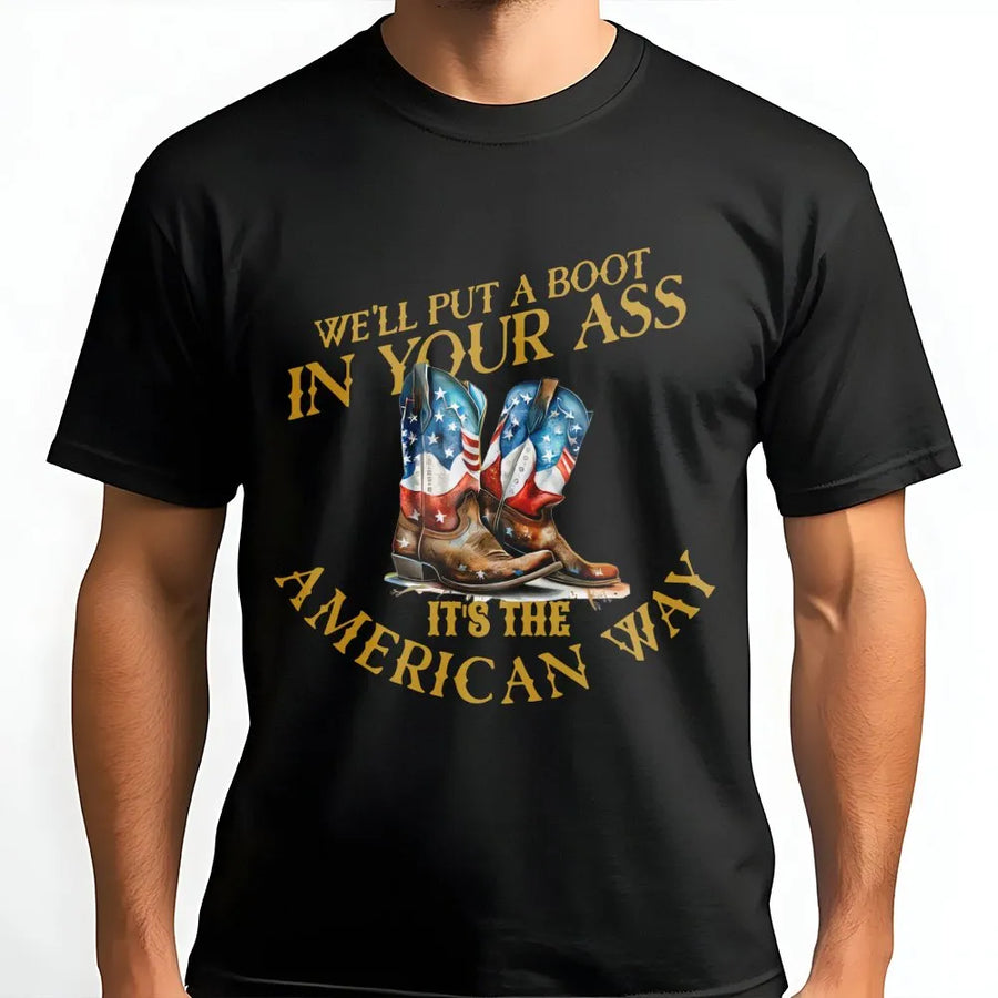 Patriotic Cowboy Boot T-Shirt | American Flag Western Graphic | Premium Cotton Unisex Tee | Country Music Fan Gift for Fourth of July