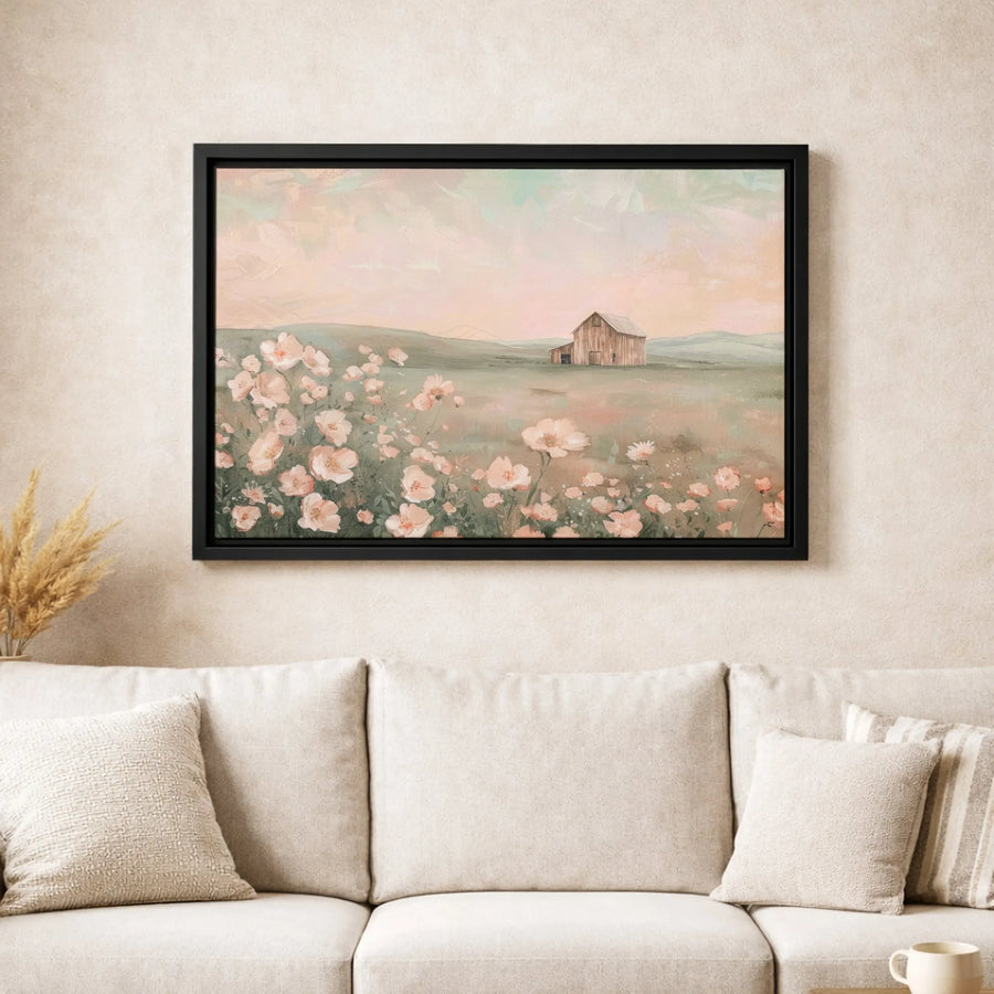Pastel Barn Canvas Wall Art | Wildflower Meadow Landscape Painting | Premium Gallery Wrapped Decor | Soft Aesthetic Home Gift