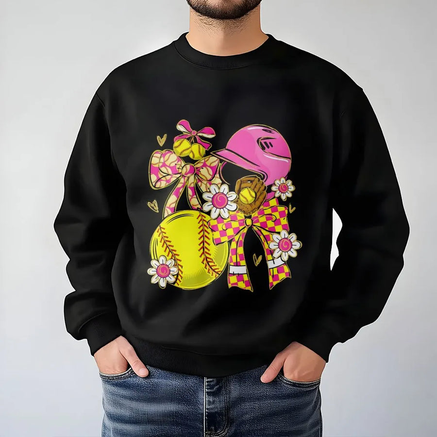 Softball Coquette Sweatshirt | Floral Bow And Helmet Graphic | Soft Cotton-Poly Blend | Cute Gift For Softball Mom Or Player