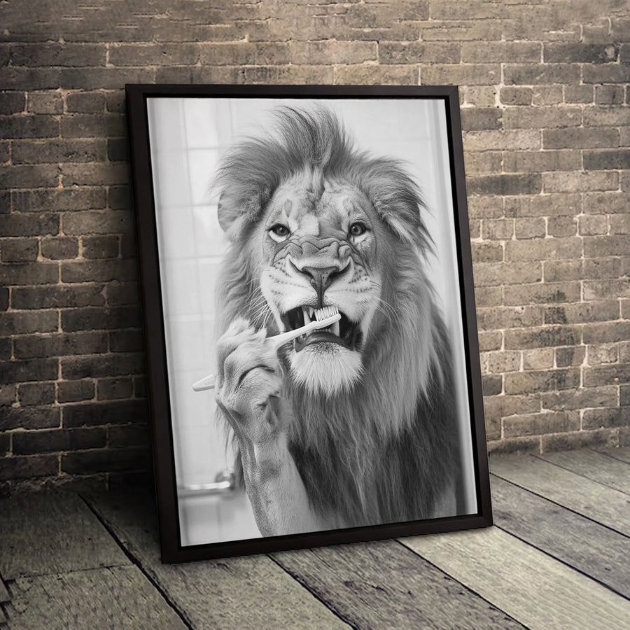 Lion Brushing Teeth Wall Art | Funny Animal Bathroom Decor | Gallery Quality Premium Canvas | Unique Gift for Kids and Animal Lovers
