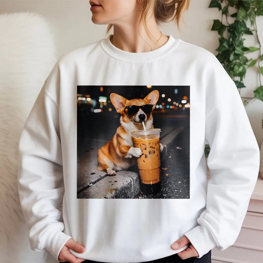 Funny Corgi Sweatshirt | Dog with Sunglasses Drinking Iced Coffee | Soft Cotton Blend | Gift for Dog Lover & Corgi Mom