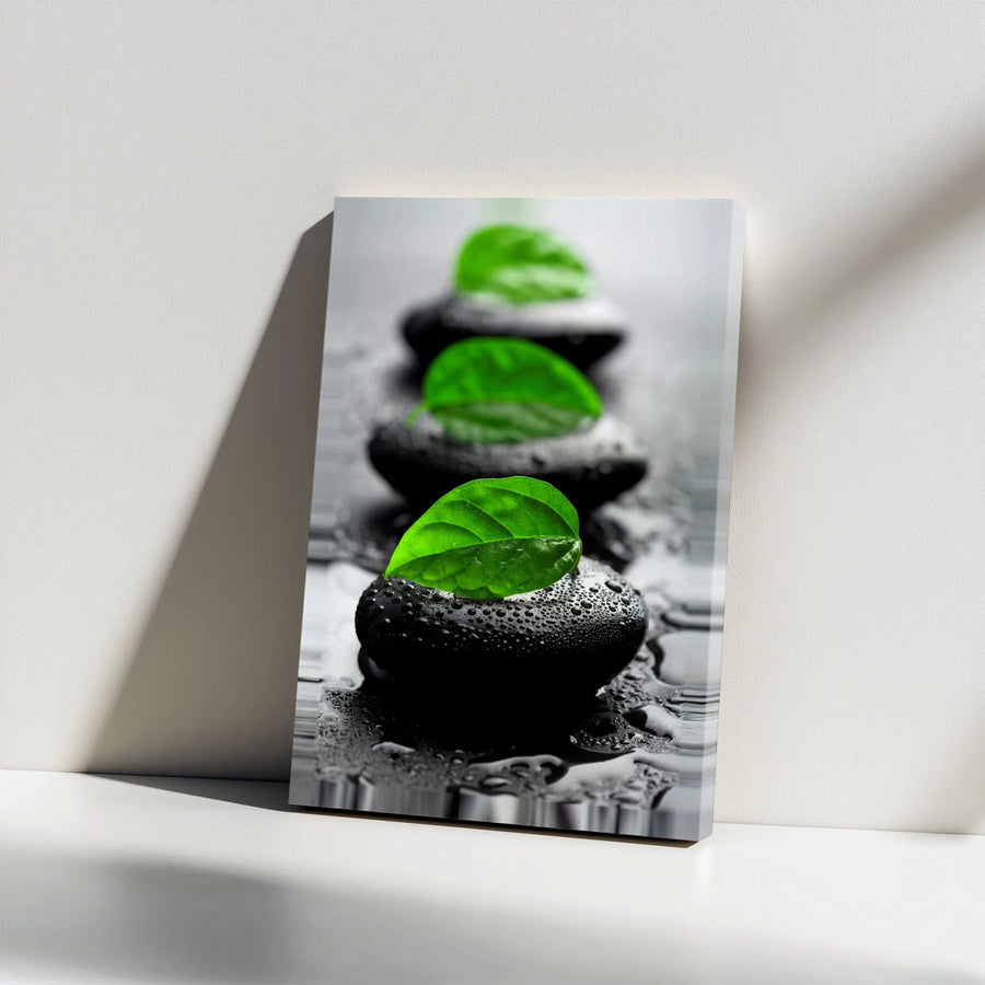 Zen Stones Canvas Wall Art | Green Leaf on Wet Black Rocks Print | Premium Gallery Wrap Canvas | Spa Decor & Yoga Studio Gift for Meditation Room