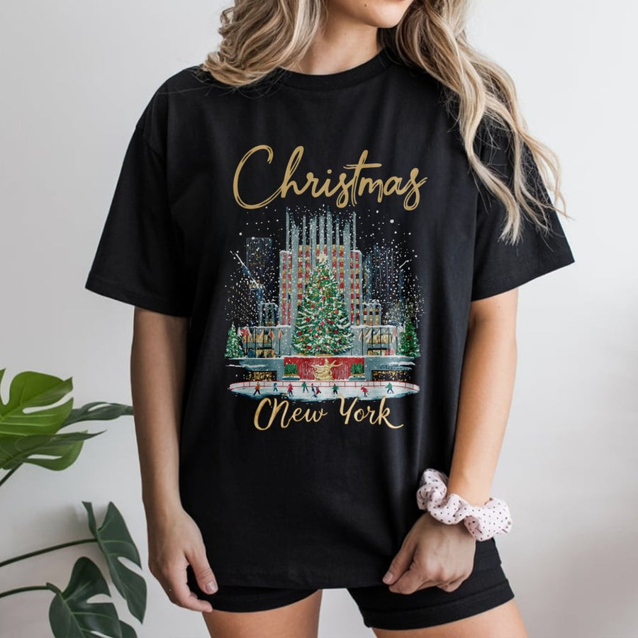 New York Christmas T-Shirt | Rockefeller Center Holiday Tree Graphic | Soft 100% Cotton Tee | NYC Gift for Women & Vacation Souvenir
