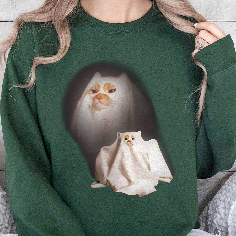 Ghost Cat Sweatshirt | Funny Meme Kitten Graphic | Soft Cotton-Poly Blend | Unisex Gift for Cat Lovers and Humorous Aesthetic