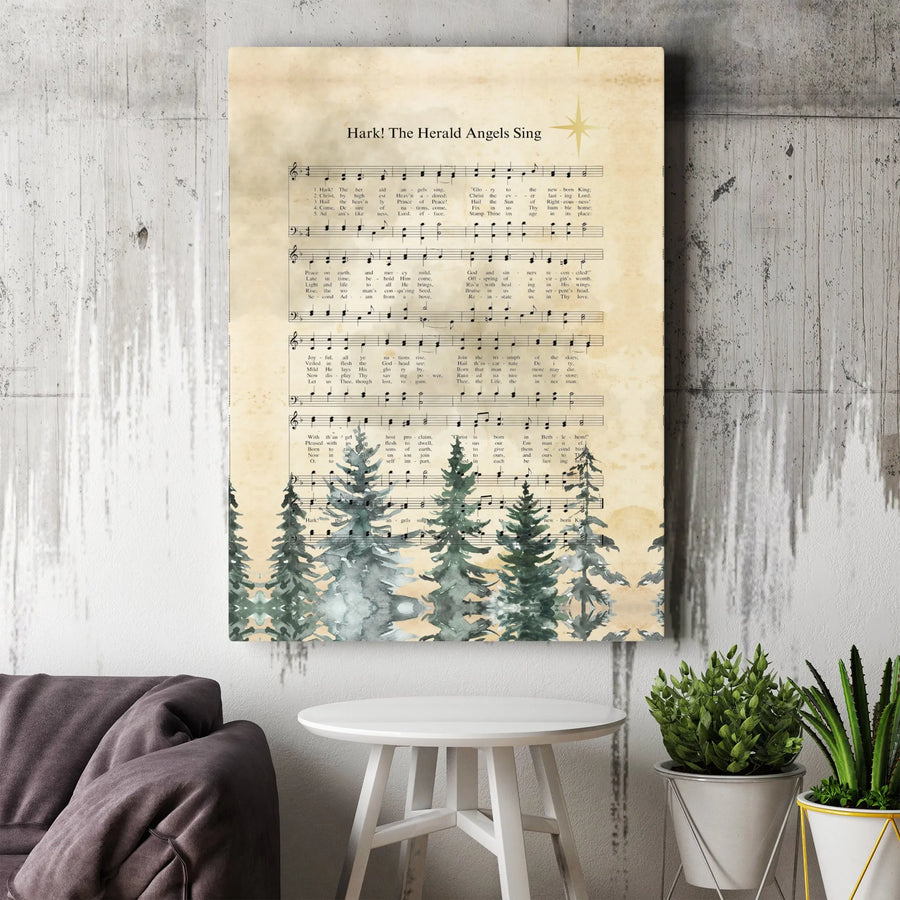 Hark The Herald Angels Sing Wall Art | Vintage Christmas Carol Sheet Music with Pine Trees | Premium Gallery Canvas | Religious Holiday Home Decor
